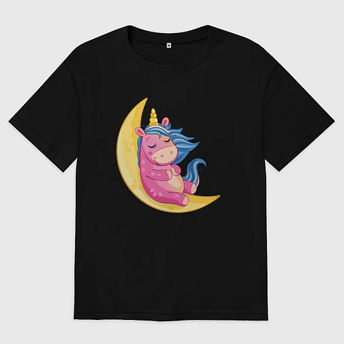 Мужская футболка оверсайз Единорог на месяце / Черный – фото 1