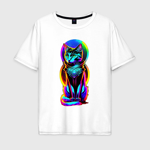 Мужская футболка оверсайз Кот в стиле киберпанк / Белый – фото 1