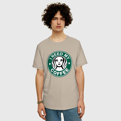Мужская футболка оверсайз I need my cofee / Миндальный – фото 3