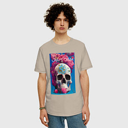 Футболка оверсайз мужская Череп в розовых цветах, цвет: миндальный — фото 2