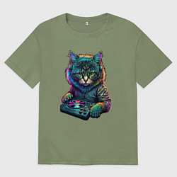 Футболка оверсайз мужская Кот диджей, цвет: авокадо