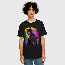 Футболка оверсайз мужская Киберпанк кот в очках, цвет: черный — фото 2