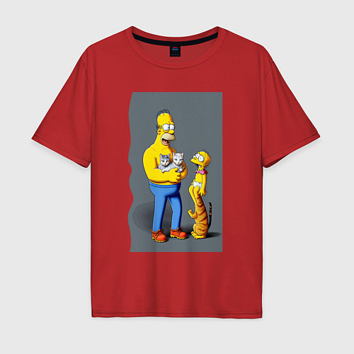 Мужская футболка оверсайз Homer Simpson and cats - нейросеть арт / Красный – фото 1