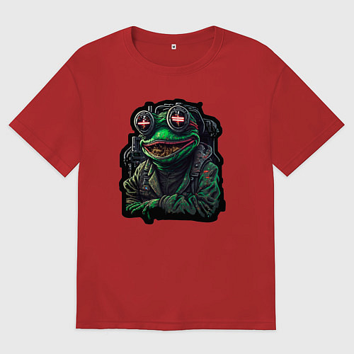 Мужская футболка оверсайз Лягушонок Пепе киберпанк / Красный – фото 1