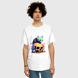 Футболка оверсайз мужская Черный кот на черепе, цвет: белый — фото 2