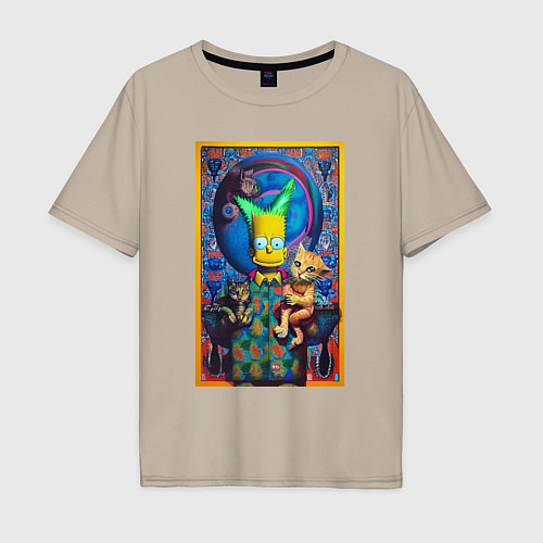 Мужская футболка оверсайз Bart Simpson and cats - нейросеть - плакат / Миндальный – фото 1