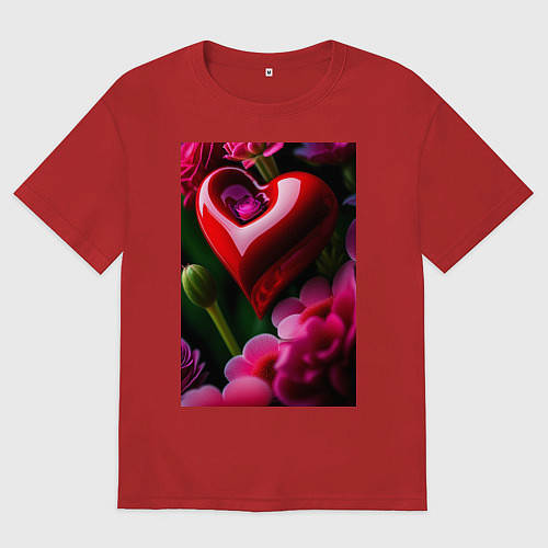Мужская футболка оверсайз Сердце с цветами / Красный – фото 1