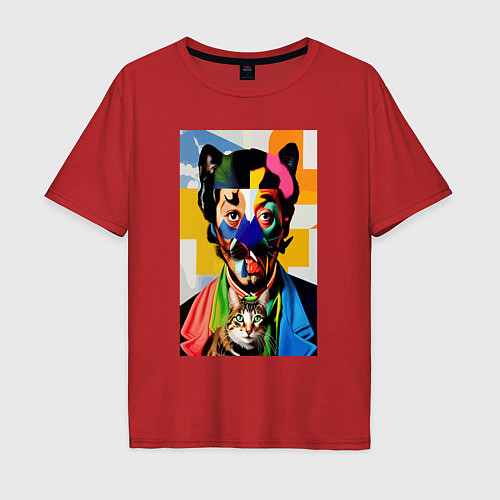 Мужская футболка оверсайз Портрет Сальвадора Дали с котом / Красный – фото 1