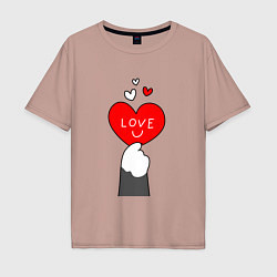 Мужская футболка оверсайз Лапка котика с валентинкой