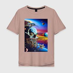Мужская футболка оверсайз Иллюзия черепа - неоновый закат - нейросеть -сюрре