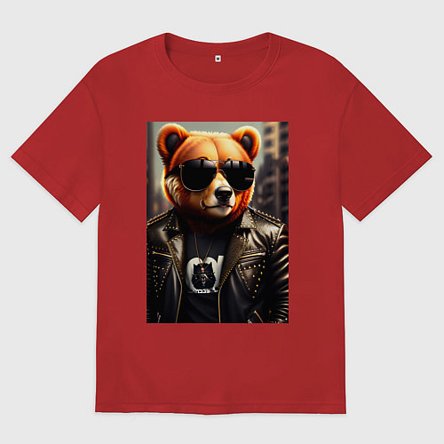Мужская футболка оверсайз Медведь рокер / Красный – фото 1