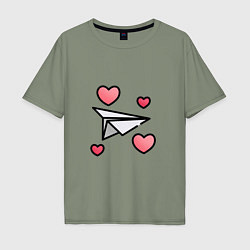 Мужская футболка оверсайз Бумажный самолетик - сердца