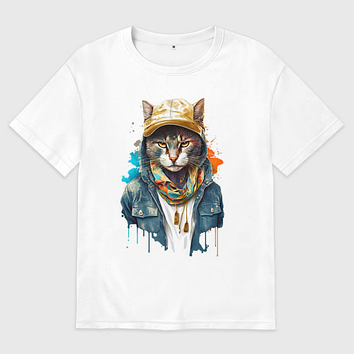 Мужская футболка оверсайз Кот репер / Белый – фото 1