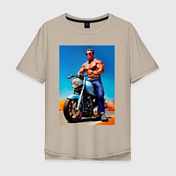 Мужская футболка оверсайз Arnold Schwarzenegger on a motorcycle -neural netw