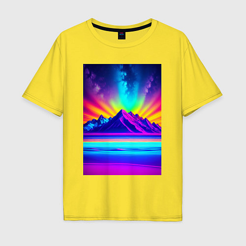 Мужская футболка оверсайз Неоновые горы - нейросеть / Желтый – фото 1