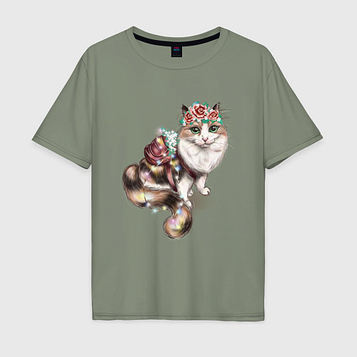 Мужская футболка оверсайз Кошечка с цветами / Авокадо – фото 1