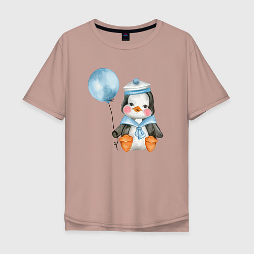 Мужская футболка оверсайз Пингвин с синим шариком / Пыльно-розовый – фото 1
