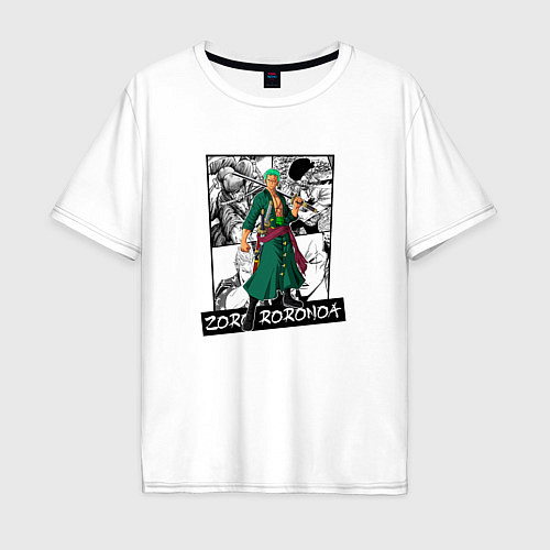Мужская футболка оверсайз Зоро Ророноа на фоне манги / Белый – фото 1
