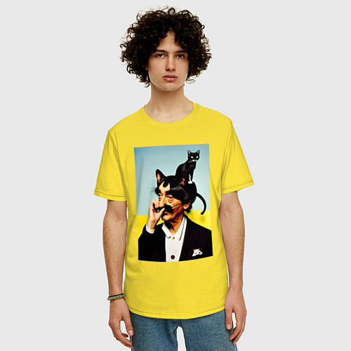 Мужская футболка оверсайз Salvador Dali and black cat / Желтый – фото 3