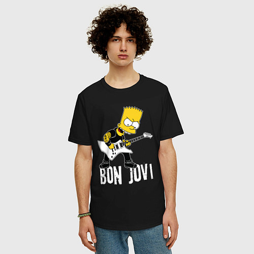 Мужская футболка оверсайз Bon Jovi Барт Симпсон рокер / Черный – фото 3