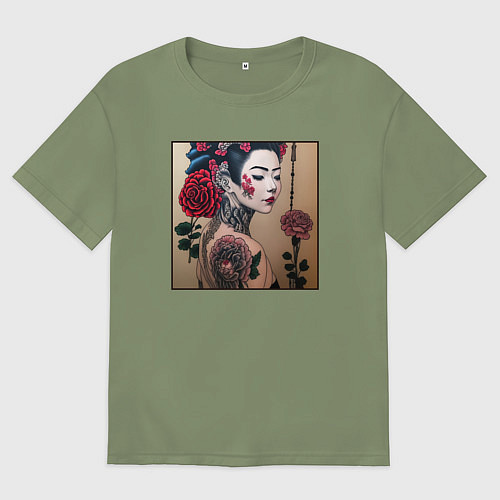 Мужская футболка оверсайз Irezumi - гейша с татуировкой и розами / Авокадо – фото 1