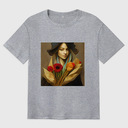 Мужская футболка оверсайз Девушка с цветами в стиле экспрессионизм, дизайн 1 / Меланж – фото 1