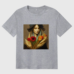Футболка оверсайз мужская Девушка с цветами в стиле экспрессионизм, дизайн 1, цвет: меланж