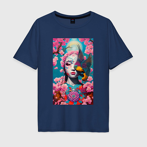 Мужская футболка оверсайз Японская девушка на фоне цветов - нейросеть / Тёмно-синий – фото 1
