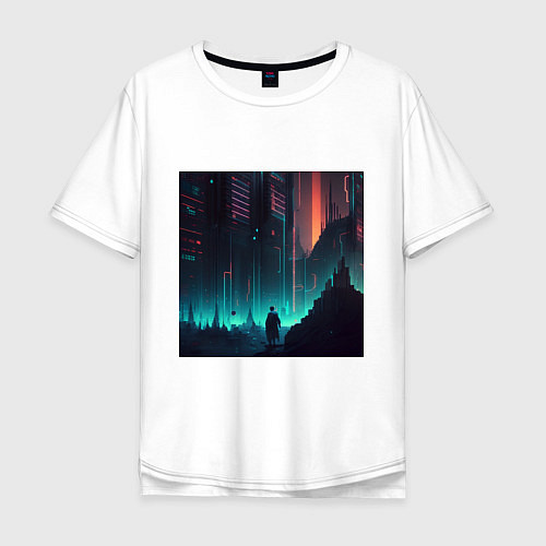 Мужская футболка оверсайз Ночной город будущего / Белый – фото 1