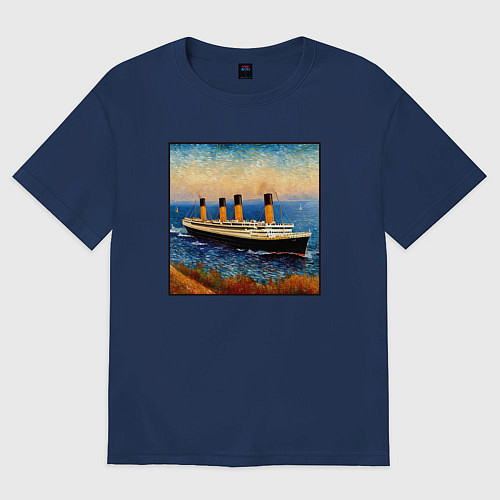Мужская футболка оверсайз Титаник в стиле Ван Гога / Тёмно-синий – фото 1