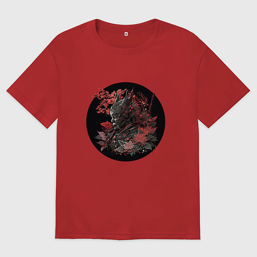 Мужская футболка оверсайз Японский самурай в круге / Красный – фото 1