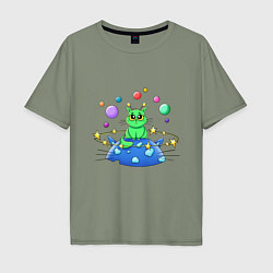 Мужская футболка оверсайз Зеленый кот инопланетянин