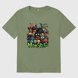 Футболка оверсайз мужская Толпа монстриков, цвет: авокадо