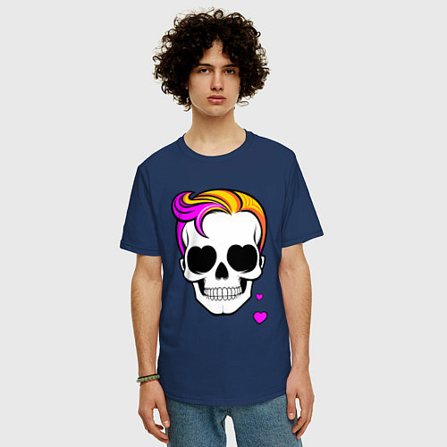 Мужская футболка оверсайз Череп с разноцветными волосами / Тёмно-синий – фото 3