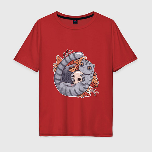 Мужская футболка оверсайз Осенний котик-енотик / Красный – фото 1