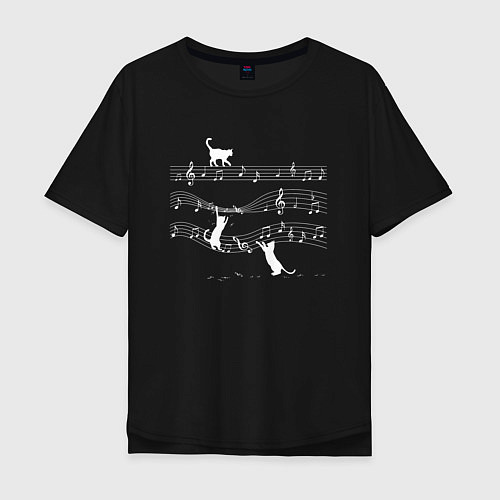 Мужская футболка оверсайз Коты играют с нотами / Черный – фото 1