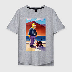 Мужская футболка оверсайз Retired Homer Simpson walks with a cat