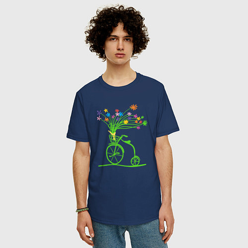 Мужская футболка оверсайз Винтажный велик с цветочками / Тёмно-синий – фото 3