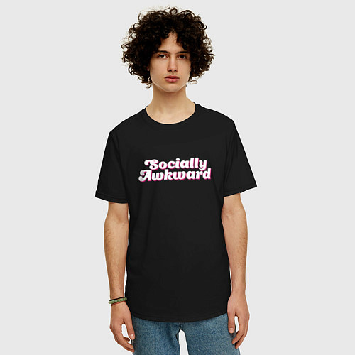 Мужская футболка оверсайз Socially awkward / Черный – фото 3