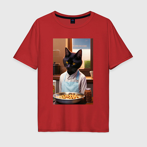 Мужская футболка оверсайз Кот повар с десертом / Красный – фото 1