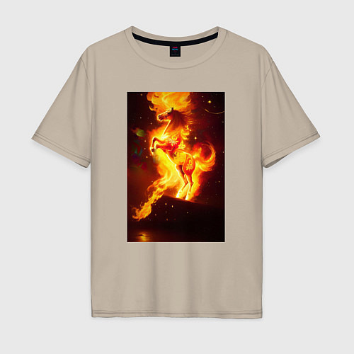 Мужская футболка оверсайз Фантастический огненный конь / Миндальный – фото 1