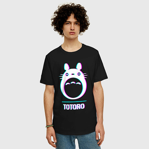 Мужская футболка оверсайз Символ Totoro в стиле glitch / Черный – фото 3