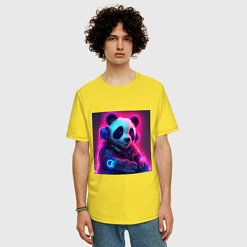 Мужская футболка оверсайз Диджей панда в свете неона / Желтый – фото 3