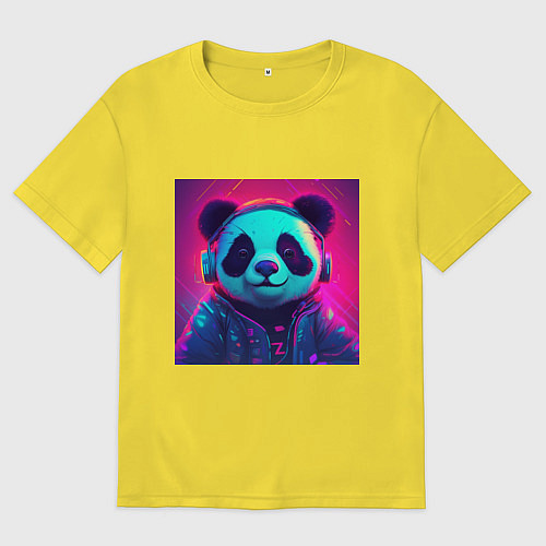 Мужская футболка оверсайз Милая панда в лучах неона / Желтый – фото 1