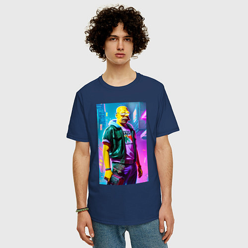 Мужская футболка оверсайз Гомер Симпсон - киберпанк / Тёмно-синий – фото 3