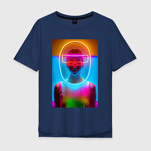 Мужская футболка оверсайз Japan girl - glow - neural network / Тёмно-синий – фото 1
