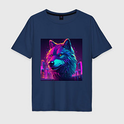 Футболка оверсайз мужская Волк в свете неонового киберпанк-города, цвет: тёмно-синий