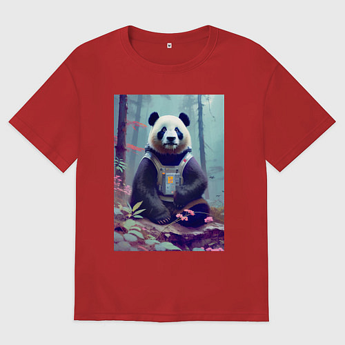 Мужская футболка оверсайз Панда в кибер-жилете - нейросеть / Красный – фото 1