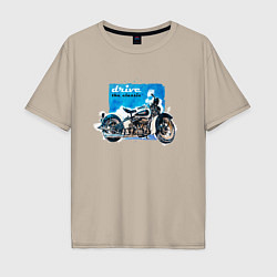 Футболка оверсайз мужская Ретро мотоцикл акварелью, цвет: миндальный