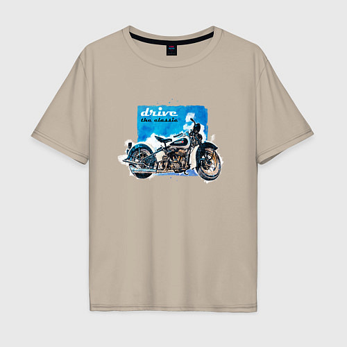 Мужская футболка оверсайз Ретро мотоцикл акварелью / Миндальный – фото 1